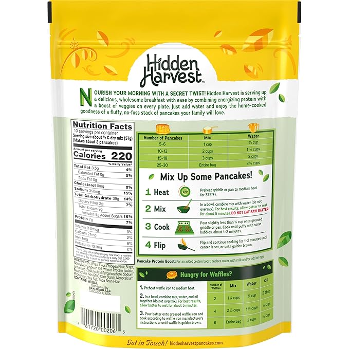 Hidden Harvest Original Pancake & Waffle Mixes: Non-GMO Project Verified, Made with Hidden Veggies You Can't See or Taste, 7g of Protein per Serving, Just Add Water, Fluffly Pancakes for a Delicious Breakfast (20 oz)