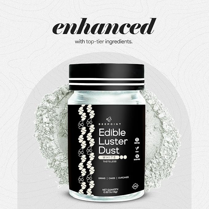 BeePoint White Edible Luster Dust 15g - Food Grade, Vibrant Color Shimmer Powdered Dust for Drinks, Cocktails, Cake Decorating, Baking, Chocolates, Candy, Sweets, & Cookies - Vegan & Gluten Free