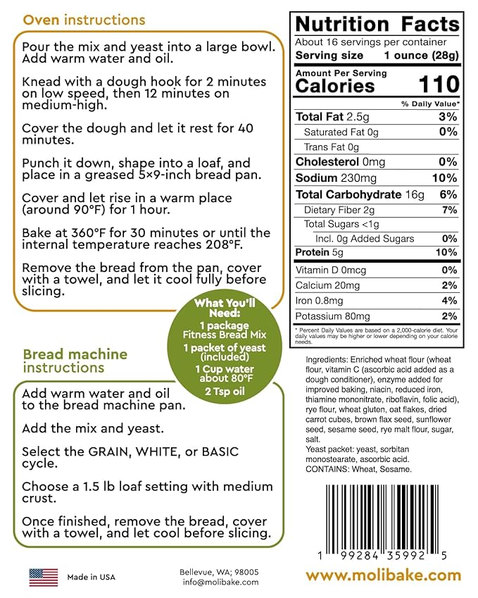 Molibake Fitness Bread Mix ??All-Natural High-Fiber Bread Mix for Bread Machine and Oven ??15 oz ??Whole Grain Breads Mix with Carrots, Oats, Flax, Sunflower & Sesame Seeds ??Easy-to-Use Breads Maker Mix for Homemade Baking