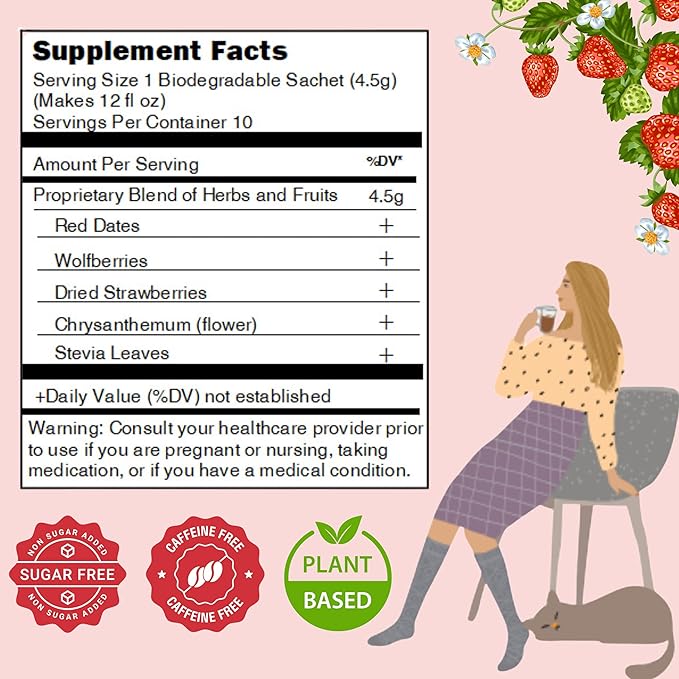 FOODHO Fruit & Herbal Tea Blend for Beauty – With Strawberry, Red Dates, Goji Berries & Chrysanthemum – Caffeine Free, Sugar Free, 10 Sustainable Tea Bags