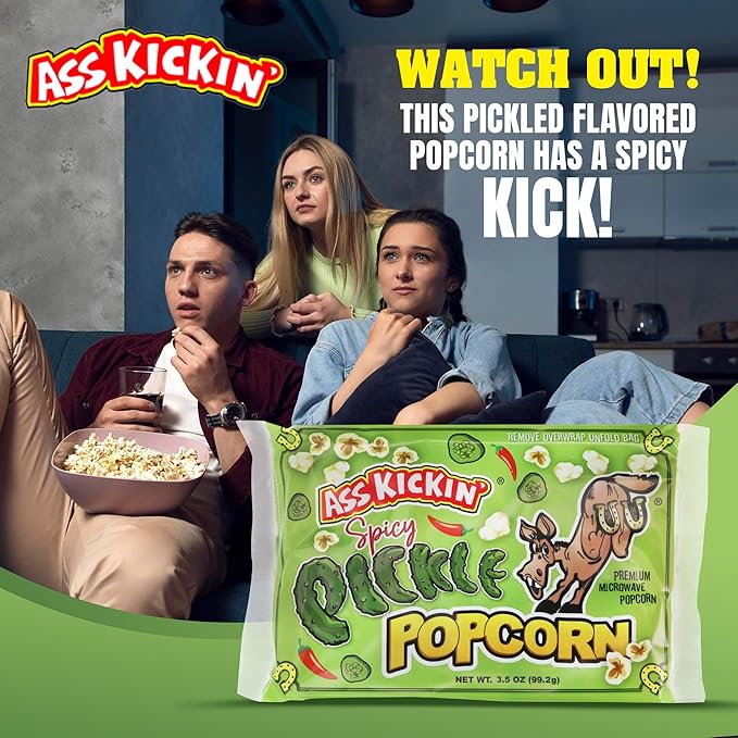 ASS KICKIN' Spicy Pickle Microwave Popcorn Bags - 3 Packs - Ultimate Spicy Pickle Gourmet Popcorn Gift - Makes a Great Movie Theater Popcorn or Snack Food for Movie Night (3)