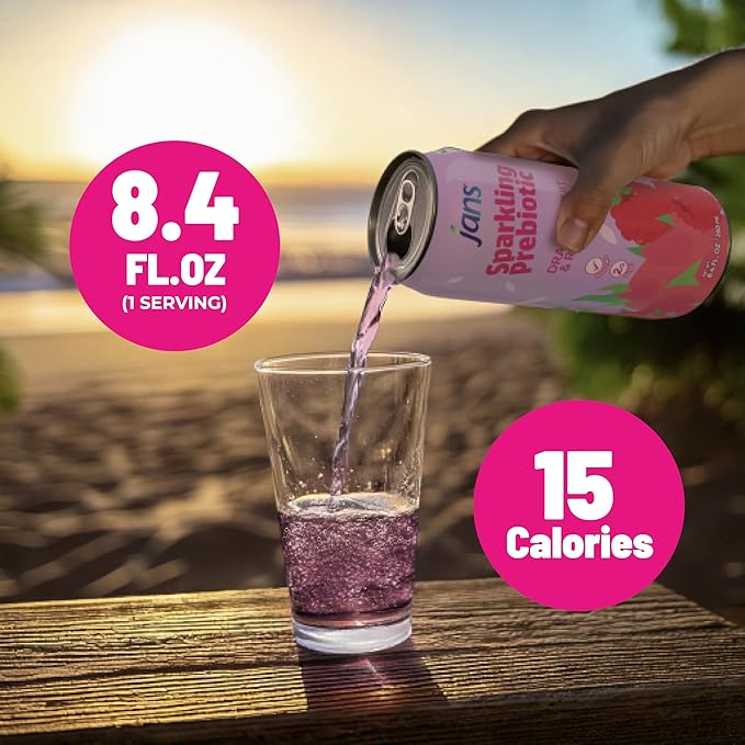 Jans Sparkling Prebiotic Soda Beverage ??Dragonfruit & Raspberry 8.4 Fl Oz (24-Pack) ??Low Calorie, NO Added Sugar, Non-GMO Sparkling Fruit Beverage, Gut Health Support
