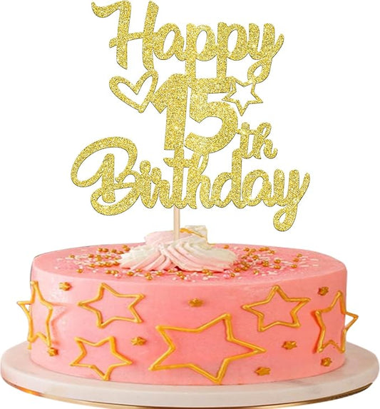 1 Pack Happy 15th Birthday Cake Topper Glitter Heart Star 15 Fabulous Cake Pick Birthday Sign Cake Decorations for 15th Birthday Theme Party Supplies Gold