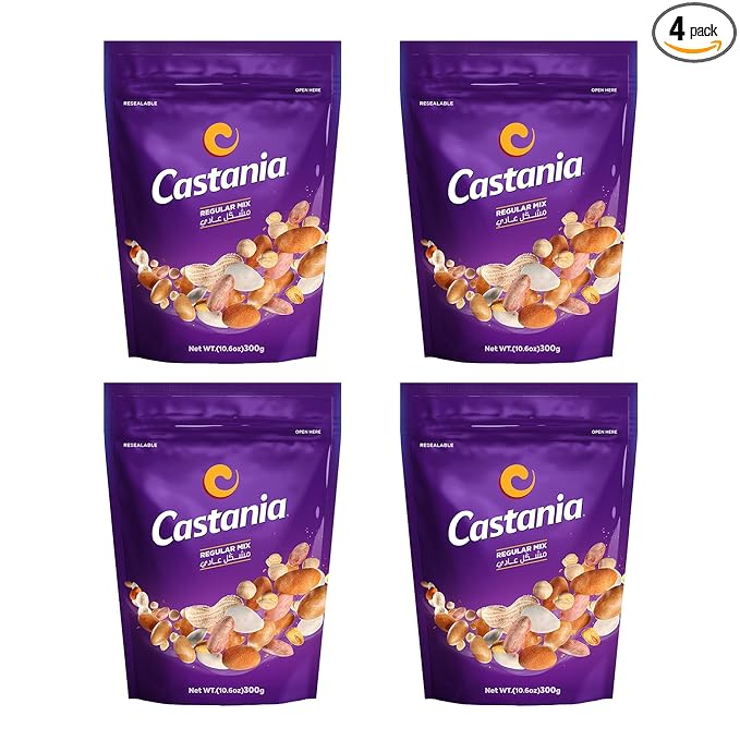 Castania BBQ Lebanese Mixed Nuts, Regular Mix with Peanuts, Pumpkin Seeds, Corn, and Chickpeas, 10.6oz (Pack of 4)