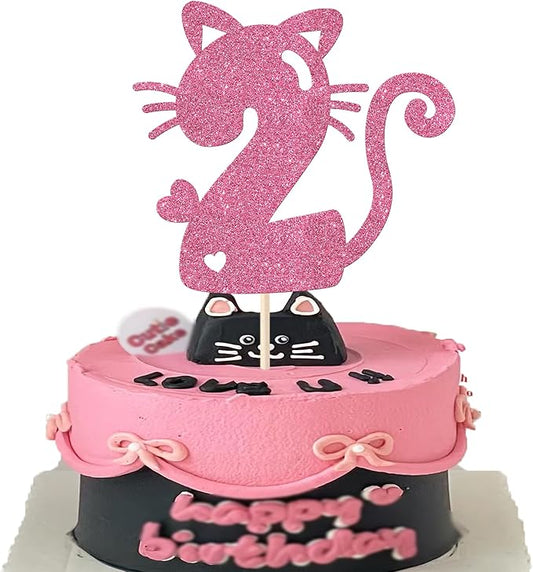 1 Pack Cat Cake Topper 2nd Birthday Cake Pick Glitter Cute Pet Cat Cake Decoration for Cat Theme Baby Shower Kids Second Birthday Wedding Party Cake Decorations Supplies Pink
