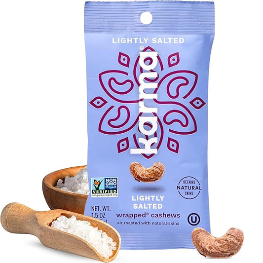 Lightly Salted Cashews with Skin by Karma Nuts, Whole, Roasted, Vegan, Gluten Free, Low Net Carb, Natural, No Sugar Added, Keto Friendly, Everyday Nut Snack, 1.5 Ounce (12 Snack Packs)