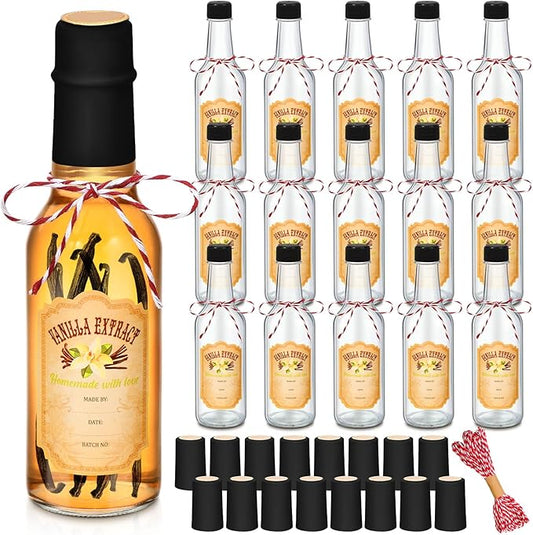 Tioncy 16 Pcs Vanilla Extract Bottles for Homemade Vanilla Jar Glass Bottle with Cap, Shrink Band, Sticker Syrup Gift Food Storage Canister for Bean Sauce Spice(Black,3 oz)