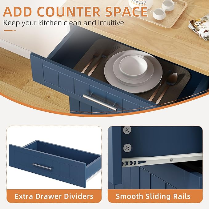 Shintenchi Kitchen Island cart with Storage, Portable Bar Cabinet on Wheels, Rolling Microwave Cart Side Table with Workstation for Kitchen, Dinning Room, Blue