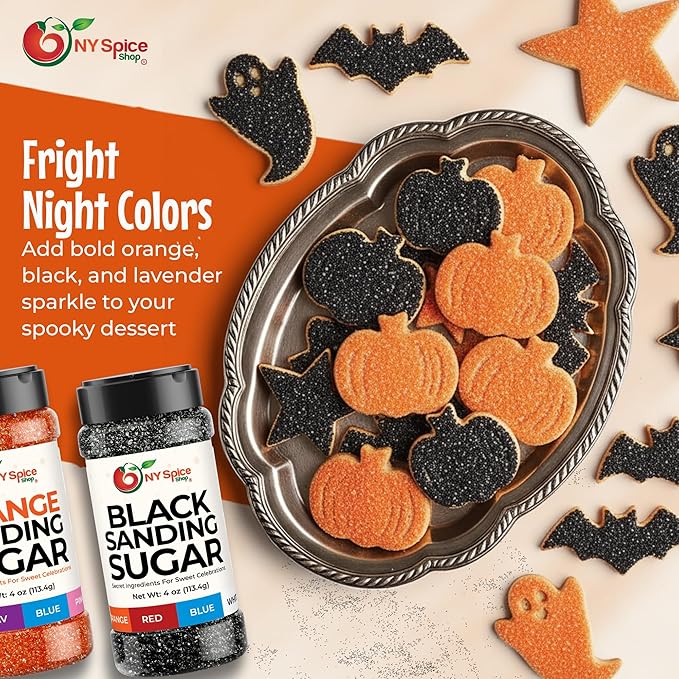 NY Spice Shop Orange-Black-Lavender Sanding Sugar - Sweet Colorful Edible Sprinkles for Candy Dishes, Cake Decorating, and Dessert Displays - 4 Ounce (Pack of 3)