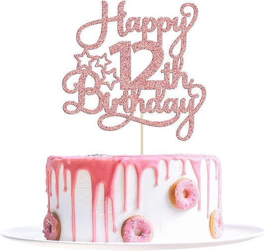 1 Pack Happy 12th Birthday Cake Topper Glitter Heart Star 12 Fabulous Cake Pick Birthday Sign Cake Decorations for Children 12th Birthday Theme Party Supplies Rose Gold