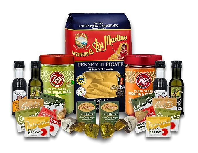 Imported Italian Dinner for Two Meal Kit - Basil Pesto, Ricotta & Peppers Pesto, Pasta, Seasonings and Sweets Gift Box