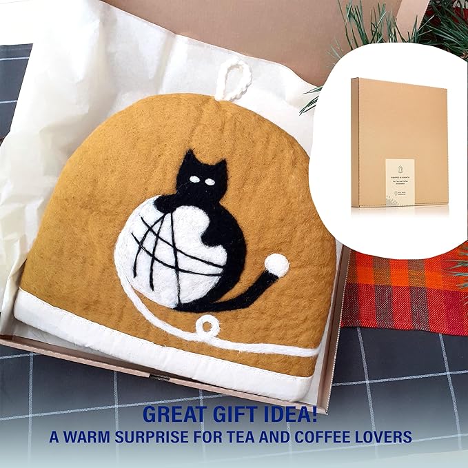 Tea Cozy for Teapot Large - Keep Your Brew Warm and Stylish with This Felted Tea Cosy, Enhancing Flavor and Aesthetics - Fits 6-Cup Teapot & 34oz French Press (Black cat, ocher)