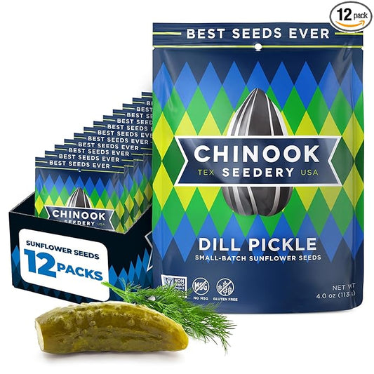 Chinook Seedery Roasted Jumbo Sunflower Seeds - Keto Snacks, Gluten-Free, Non-GMO, Dill Pickle Flavor 4 oz (12-Pack)