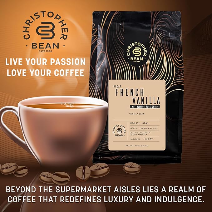 Christopher Bean Coffee - Certified Kosher - Decaf Ground Universal Drip French Vanilla Flavored Coffee | Coffee Beans with Medium Roast 100% Arabica, No Sugar, No Fats, Non-GMO | 10-Ounce Bag