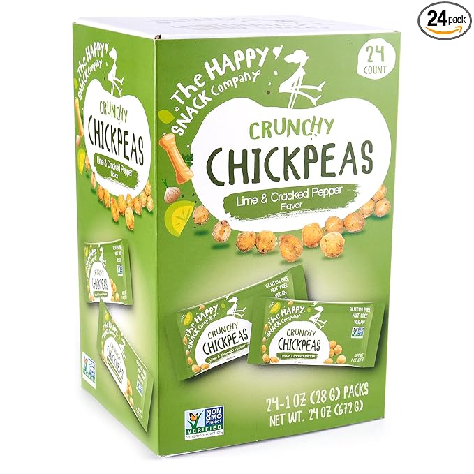 The Happy Snack Company Crunchy Chickpeas Lime & Cracked Pepper 24 x 1 oz. 5g Plant Based Protein & 120 Cals. Gluten,Nut & Dairy Free, Non-GMO and Vegan.