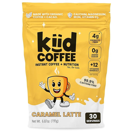 Kiid Coffee - 99.9% Caffeine-Free Organic Coffee for Kids - As Seen on Shark Tank - 12 Vitamins & Minerals, 4g Prebiotics, 0g Sugar - Non-GMO & Gluten-Free - Healthy Snack - Caramel - 30 Servings