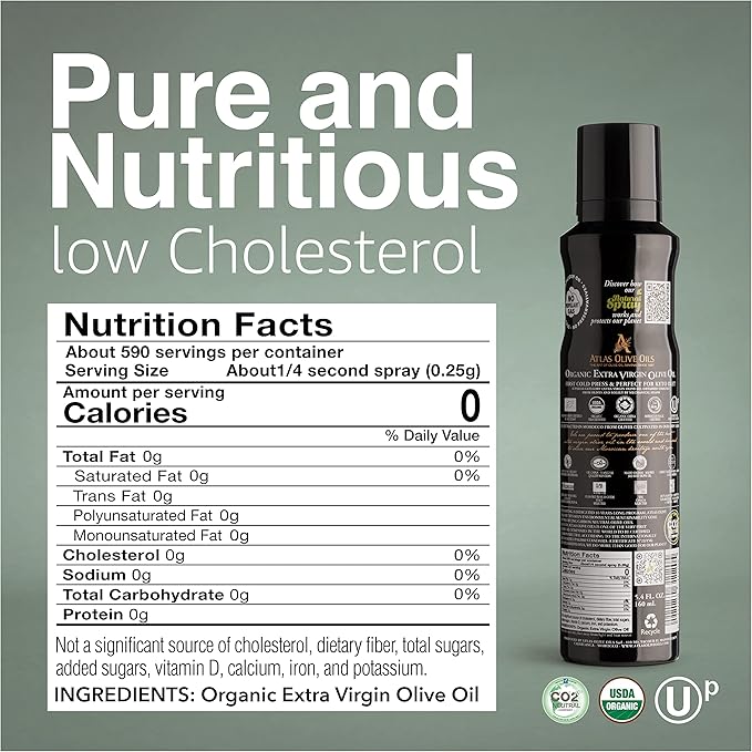 Cooking Oil by Atlas, Extra Virgin Olive Oil Spray, Dual Function Spray and Stream, 5.4 fl oz, Non Stick, Polyphenol Rich Moroccan EVOO, Cold Pressed, Hydroxytyrosol Keto