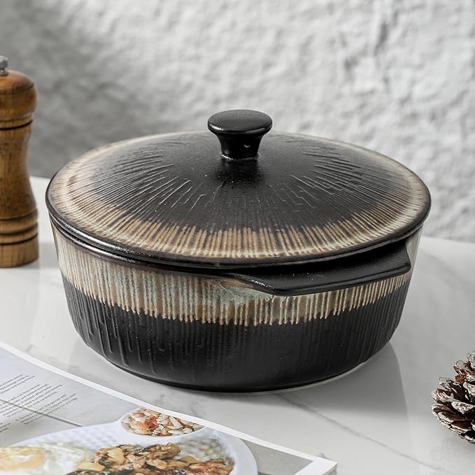 KOOV Ceramic Casserole Dish with Lid Oven Safe, 2 Quart Casserole Dishes, Covered Round Casseroles Dishes, 9 inch Baking dish With Lid, Deep Casseroles Cookware Set, Stripe Series (Rough Black)