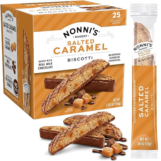Nonni's Salted Caramel Milk Chocolate Biscotti Cookies ??Individually Wrapped Italian Coffee Snack, Crunchy Twice-Baked, 90 Cal Each, 21 oz Carton