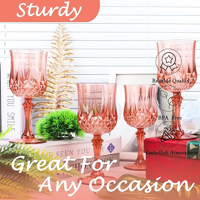 Plastic Wine Glasses，Plastic Goblets Vintage Style Cordial Drinking Glasses for Wedding Reception, Grand Event Party Supplies (12, Rose Gold)