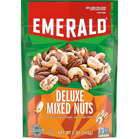 Emerald Nuts Deluxe Mixed Nuts (1-Pack), Features Roasted and Salted Nuts, Including Almonds, Cashews, Walnuts, Brazil Nuts and Pecans, 5oz Resealable Bag