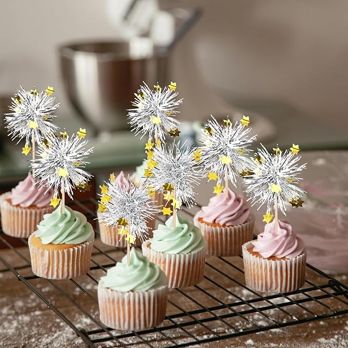 Rsstarxi 30 Pack Foil Firework Cupcake Toppers Happy Birthday Party Decorations Sparkle Tinsel Cocktail Food Fruit Toothpick for Happy Valentine's Day Wedding Birthday Party Cake Decorations Silver