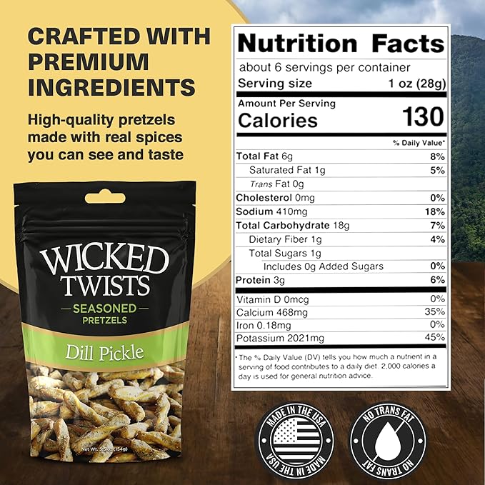 Wicked Twists Dill Pickle Seasoned Pretzels Twists 5.5 oz (3 Pack) Snack Pretzel Sticks Rods, Bold Flavor Snack, Resealable Fresh Pack, Baked Crunch, Party & School-Ready