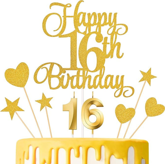 16th Birthday Cake Decorations, 16th Birthday Candles Cake Numeral Candles and Glitter Happy 16th Birthday Cake Toppers Set for Birthday Party Supplies (Golden)
