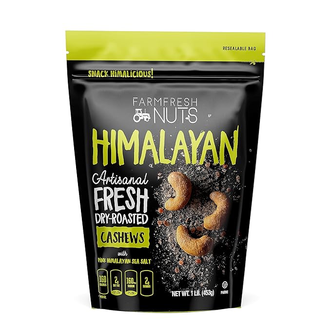Dry Roasted Cashews Himalayan Salted (1 Lb.) - Baked in Small Batches for Added Freshness - Oven Roasted to Perfection without Oil - Farm Fresh Nuts Brand
