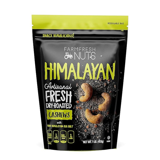 Dry Roasted Cashews Himalayan Salted (1 Lb.) - Baked in Small Batches for Added Freshness - Oven Roasted to Perfection without Oil - Farm Fresh Nuts Brand
