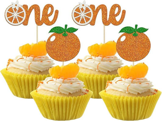 24Pcs Little Cutie One Cupcake Toppers Glitter Orange First Birthday Cupcake Picks for Citrus Theme Baby Shower Kids 1st Birthday Party Tangerine Fruit Party Cake Decorations Supplies