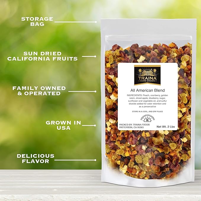 Traina Home Grown All American Sun Dried Fruit Blend - Diced Peaches, Cranberries, Blueberries, Apples, Golden Raisins, Non GMO, Gluten Free, Packed in Resealable Pouch (2 lbs)
