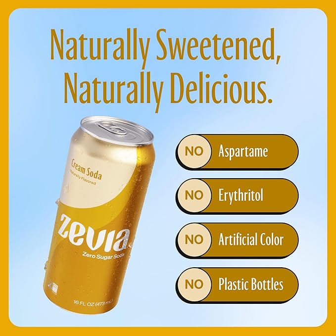 Zevia Zero Sugar Soda, Cream Soda, 16 oz Cans (12-Pack) ??Naturally Sweetened, Non-GMO Project Verified, Gluten-Free, Vegan