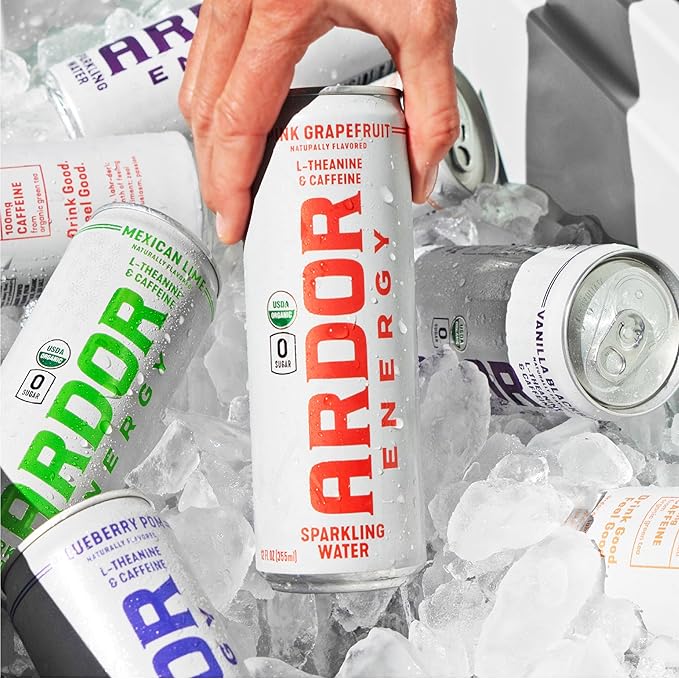 ARDOR ENERGY Sparkling Water with 100mg Natural Caffeine & 200mg L-Theanine from Organic Green Tea for Smooth Energy & Focus | Healthy Energy Drink | No Sugar, Zero Calories, Vegan, Gluten-Free | Tropical Variety (Pack of 12, 12oz cans)