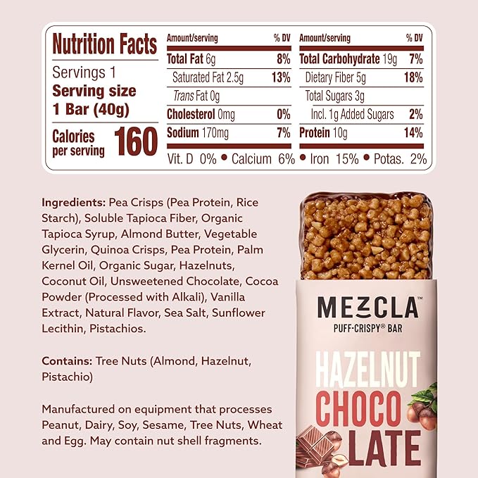 Mezcla Puff Crispy Protein Bars, Gluten Free & Vegan Protein Bars, 10g Protein, Alt for Crispy Rice Treat, Granola Bars & Breakfast Bars, Healthy Snacks for Adults, Hazelnut Chocolate, 12 Pack