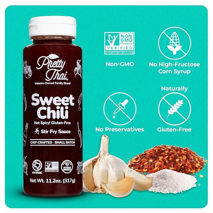 Pretty Thai Sweet Chili Sauce, Gluten Free Certified Non-GMO Authentic Vegan Stir Fry, BBQ Condiment, Dipping Sauce, Rice Seasoning, 100% Natural