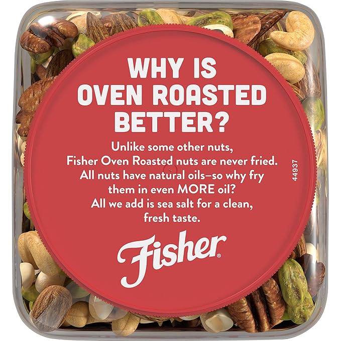 Fisher Oven Roasted Never Fried Mixed Nuts with Peanuts, 24 Ounces (Pack of 2), Peanuts, Almonds, Cashews, Pistachios, Pecans, Snacks for Adults, Made With Sea Salt, No Added Oils, Artificial Ingredients or Preservatives, Trail Mix, Gluten Free