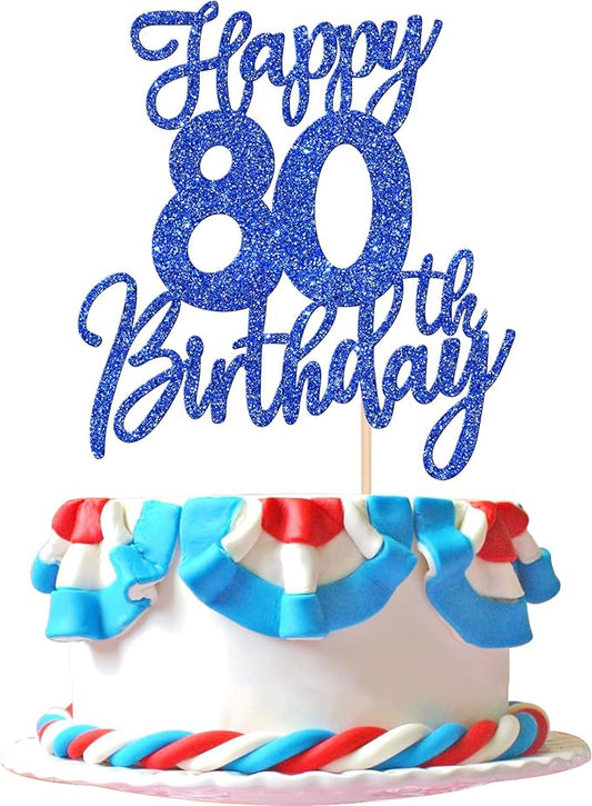 1 PCS Happy 80th Birthday Cake Topper Glitter Cheers to 80 Years Birthday Cake Pick Eighty Hello 80 Fabulous Cake Decoration for Happy 80th Birthday Anniversary Party Decorations Supplies Blue