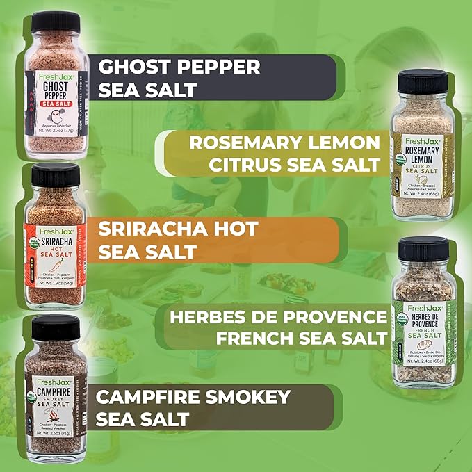 FreshJax Seasoned Sea Salt Gift Set | 5 Sampler Sized Sea Salt Organic Seasoning | Grilling Christmas Gifts for Men, Dads, Father | Flavored Salt Spice Set Packed in a Giftable Box