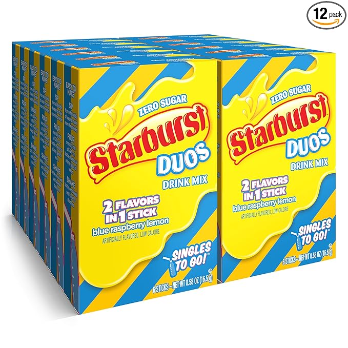 Starburst Duos Singles To Go Powdered Drink Mix, Blue Raspberry Lemon, 12 Boxes with 6 Packets Each - 72 Total Servings, Sugar-Free Drink Powder, Just Add Water, 6 Count (Pack of 12)