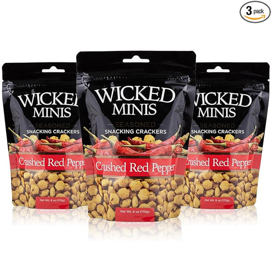 Wicked Minis Soup & Oyster Crackers - Saltine & Salted Flavored Mini Puffed Soup, Savory Snacking Mix, Seasoned Croutons Salad Toppers, Crackers for Chili 6oz (Crushed Red Pepper, Pack of 3)