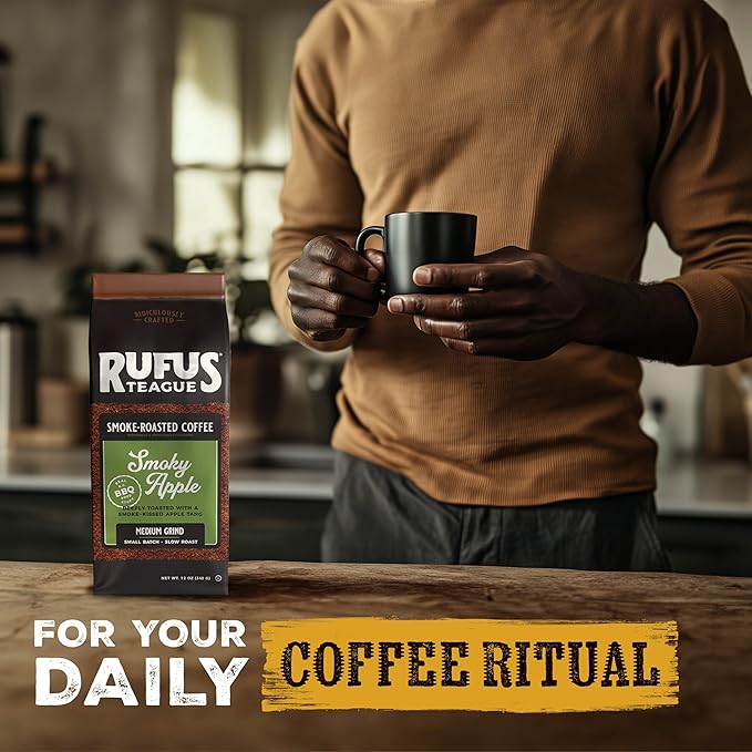 Rufus Teague Smoky Apple Flavored Ground Coffee, Gourmet Fresh Dark Roasted Coffee, Smoke Roasted Java, Medium Grind, 12 oz Bag, 2-Pack