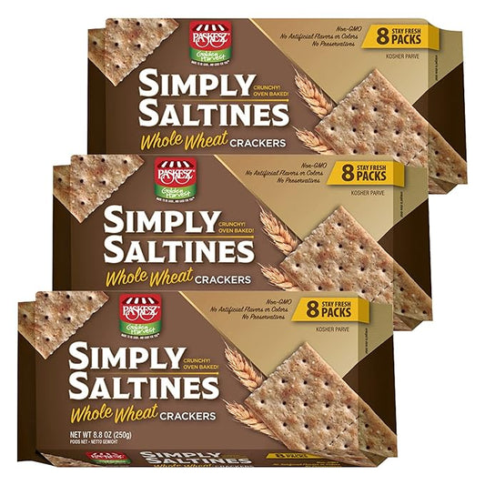 Only Kosher Candy Simply Saltines Whole Wheat Crackers, Crunchy Oven Baked Kosher Parve Non-GMO, No Artificial Flavor and Color Contain 8 Stay Fresh Packs, Pack of 3