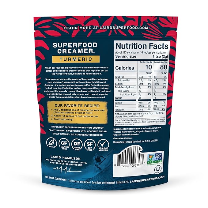 Laird Superfood Non-Dairy Original Superfood Turmeric Coconut Powder Coffee Creamer, Gluten Free, Non-GMO, Vegan, 8 oz. Bag, Pack of 1