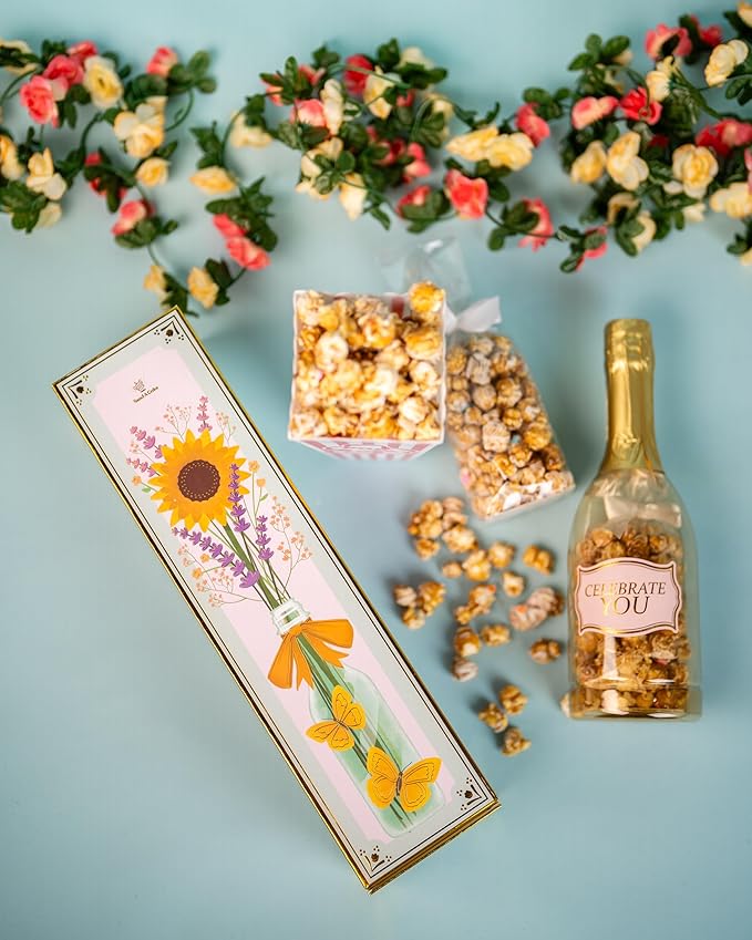 SendaCake Birthday Floral Bubble Box with Caramel White Chocolate Popcorn, Ready to Gift, No Assembly Required - Unique Happy Birthday Gift for Women, Men, Sister, Mom, Dad, Best Friend