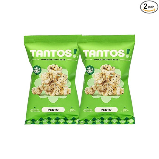 Tantos! Puffed Pasta Chips ??Healthy Pasta Snack by Top Chef Joe Sasto ??Plant-Based, Low Calorie, Crunchy Chips ??Variety Pack ??Marinara, Pesto, Cacio e Pepe, Classico ??Gourmet Bold Flavors (4 oz 2 Pack, Pesto)