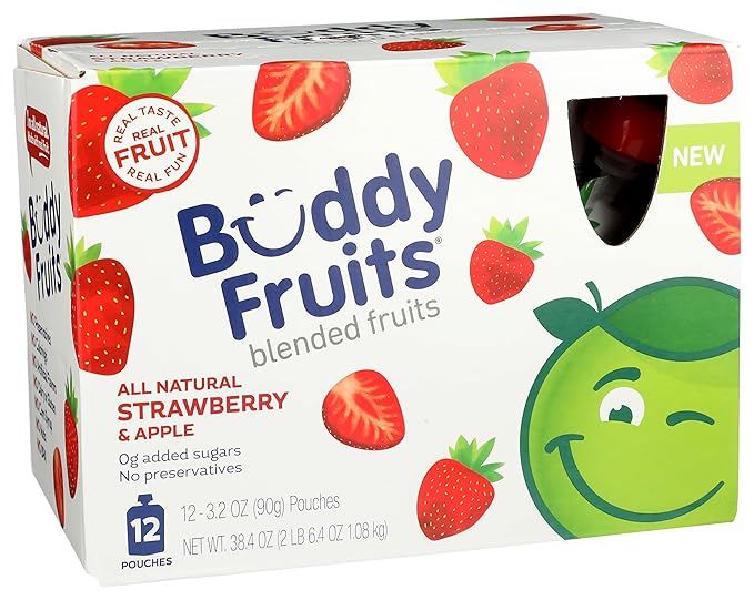 Buddy Fruits Pure Blended Fruit Snack To Go Apple and Strawberry Applesauce 3.2oz (Pack of 12) | 100% Real Fruit | No Sugar, Non GMO, Vegan, Gluten Free, No Preservatives, BPA Free, Certified Kosher