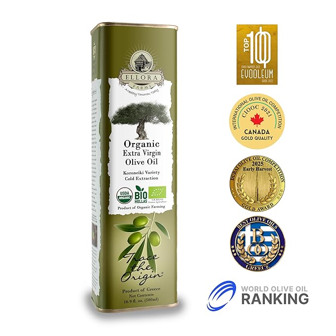 Ellora Farms, Extra Virgin Olive Oil, Organic Cold Press, Traceable Single Origin Olive Oil, Kosher, 17 oz. tin