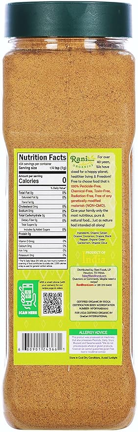 Rani Organic Tea (Chai) Masala Indian Spice Blend 16oz (1lb) 454g PET Jar ~ All Natural | Vegan | Gluten Friendly | NON-GMO | Indian Origin | USDA Certified Organic