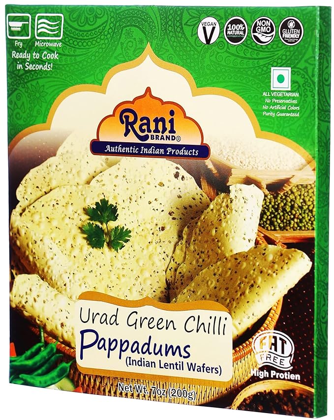Rani Pappadums (Indian Lentil Wafer Snack) Green Chilli Papad 7oz (200g) Approximately 15pc, 7 inches ~ All Natural | Gluten Friendly | NON-GMO | Vegan | Indian Origin